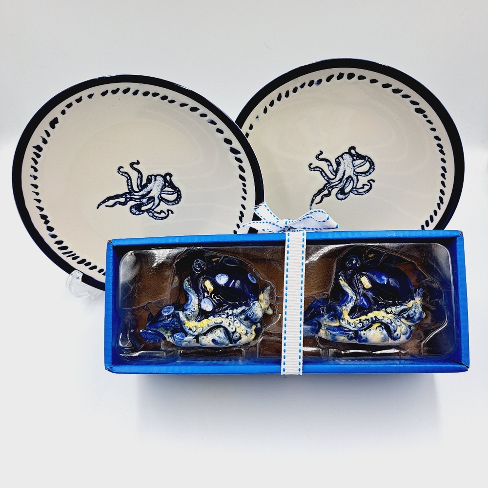 Dinnerware Set Of 2 Octopus Nautical 7.5 Plates & Set Of Salt & Pepper Shaker